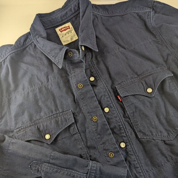 Levi's Heavy Shirt Jacket Western Pearl Buttons Navy Blue Quilted Stich Mens XL - Picture 1 of 7